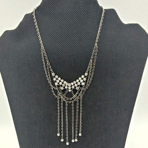 Silver Multi-layer Chain Necklace W/ Rhinestones - Picture 1 of 3